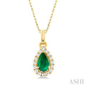 1/20 ctw Round Cut Diamond and 5X3MM Pear Shape Emerald Halo Precious Pendant with Chain in 10K Yellow Gold