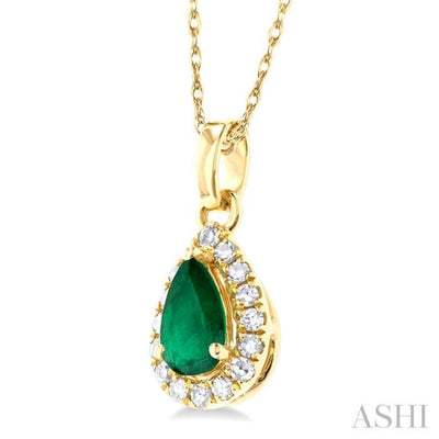 1/20 ctw Round Cut Diamond and 5X3MM Pear Shape Emerald Halo Precious Pendant with Chain in 10K Yellow Gold