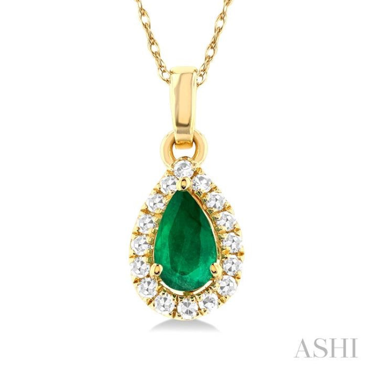 1/20 ctw Round Cut Diamond and 5X3MM Pear Shape Emerald Halo Precious Pendant with Chain in 10K Yellow Gold