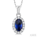 1/20 ctw Round Cut Diamond and 5X3MM Oval Shape Sapphire Halo Precious Pendant with Chain in 10K White Gold