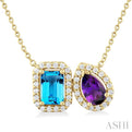 1/4 ctw Toi Et Moi 7X5 MM Emerald Cut Blue Topaz & Pear Cut Amethyst and Round Cut Diamond Necklace in 14K Yellow Gold