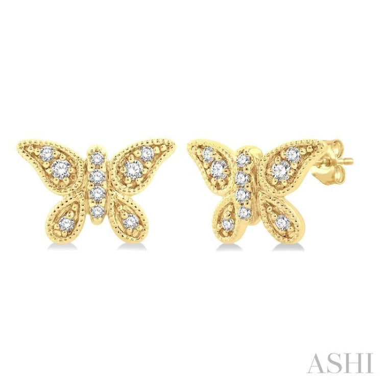 1/10 ctw Petite Milgrain Butterfly Round Cut Diamond Fashion Stud Earring in 10K Yellow Gold