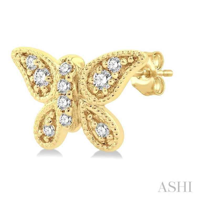 1/10 ctw Petite Milgrain Butterfly Round Cut Diamond Fashion Stud Earring in 10K Yellow Gold