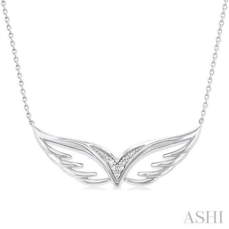 1/50 ctw Angel Wing Round Cut Diamond FAshion Pendant With Chain in Sterling Silver