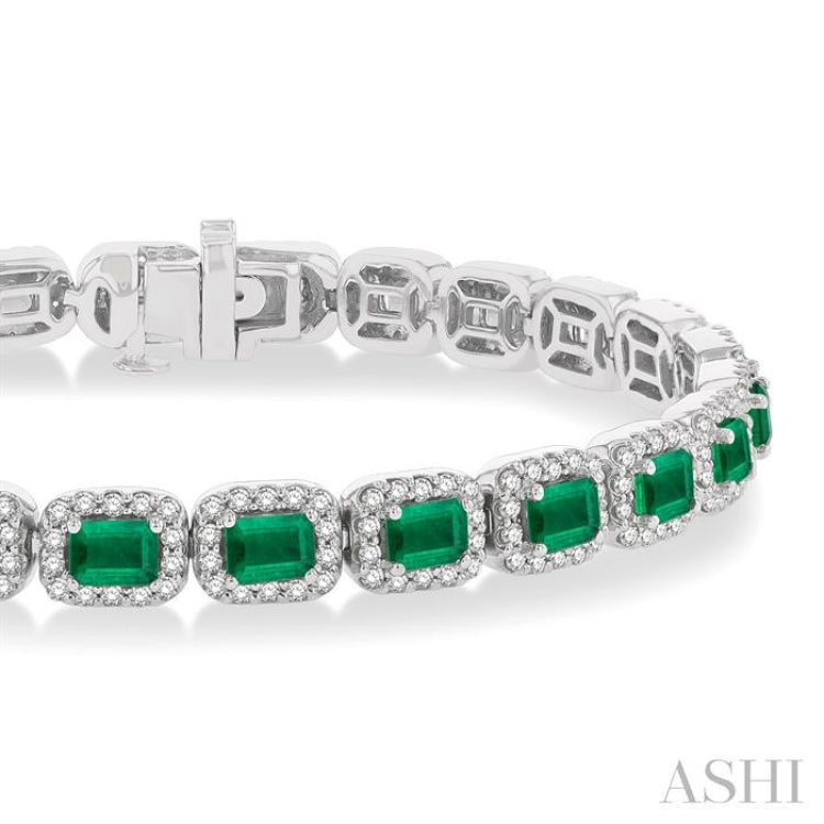 2 1/5 ctw 4X3 MM Emerald and Round Cut Diamond Halo Precious Tennis Bracelet in 14K White Gold