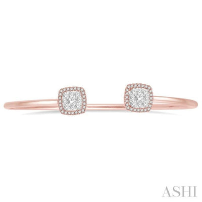 3/4 Ctw Cushion Shape Lovebright Open Cuff Diamond Bangle in 14K Rose and White Gold