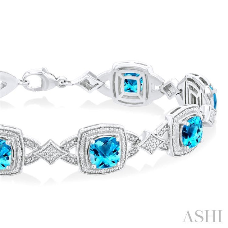 1/10 ctw Cushion Cut 7X7MM Blue Topaz and Round Cut Diamond Semi Precious Bracelet in Sterling Silver