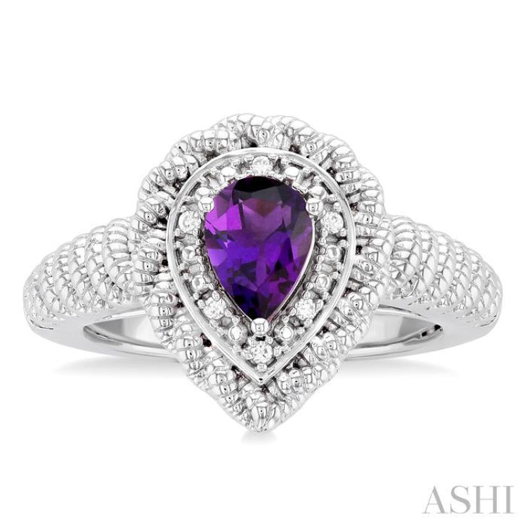 1/20 ctw Pear Cut 7X5MM Amethyst and Round Cut Diamond Semi Precious Ring in Sterling Silver