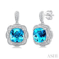 1/20 ctw Cushion Cut 8X8MM Blue Topaz and Round Cut Diamond Semi Precious Earring in Sterling Silver