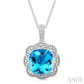 1/20 ctw Cushion Cut 10X10 MM Blue Topaz and Round Cut Diamond Semi Precious Pendant With Chain in Sterling Silver