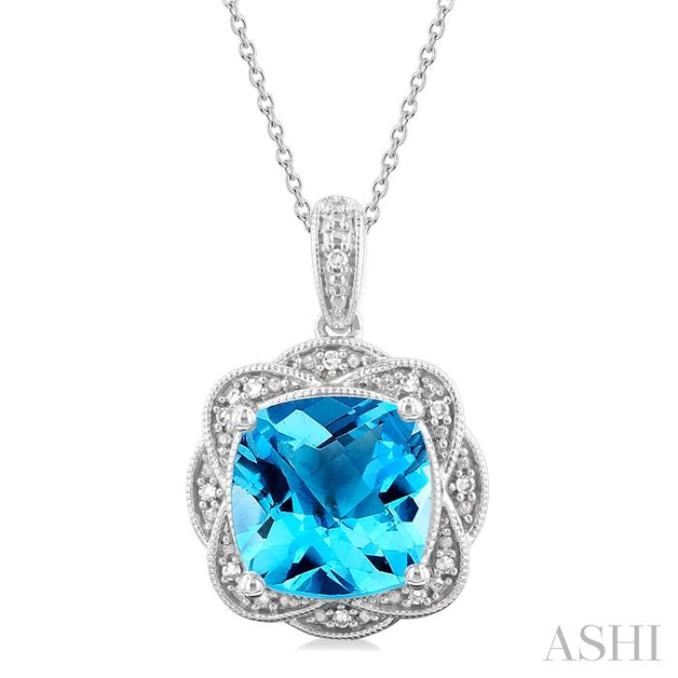 1/20 ctw Cushion Cut 10X10 MM Blue Topaz and Round Cut Diamond Semi Precious Pendant With Chain in Sterling Silver