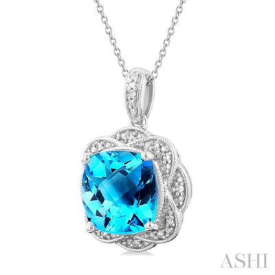 1/20 ctw Cushion Cut 10X10 MM Blue Topaz and Round Cut Diamond Semi Precious Pendant With Chain in Sterling Silver