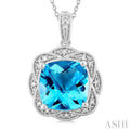 1/20 ctw Cushion Cut 10X10 MM Blue Topaz and Round Cut Diamond Semi Precious Pendant With Chain in Sterling Silver