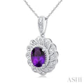 1/20 ctw Oval Cut 8X6 MM Amethyst and Round Cut Diamond Semi Precious Pendant With Chain in Sterling Silver