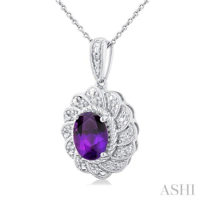 1/20 ctw Oval Cut 8X6 MM Amethyst and Round Cut Diamond Semi Precious Pendant With Chain in Sterling Silver