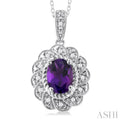 1/20 ctw Oval Cut 8X6 MM Amethyst and Round Cut Diamond Semi Precious Pendant With Chain in Sterling Silver