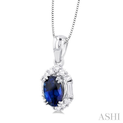 1/5 ctw Hexagon Shape 6X4MM Oval Cut Sapphire, Baguette and Round Cut Diamond Halo Precious Pendant With Chain in 10K White Gold