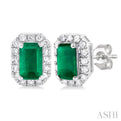 1/8 ctw Round Cut Diamond and 5X3MM Octagonal Shape Emerald Halo Precious Stud Earrings in 14K White Gold