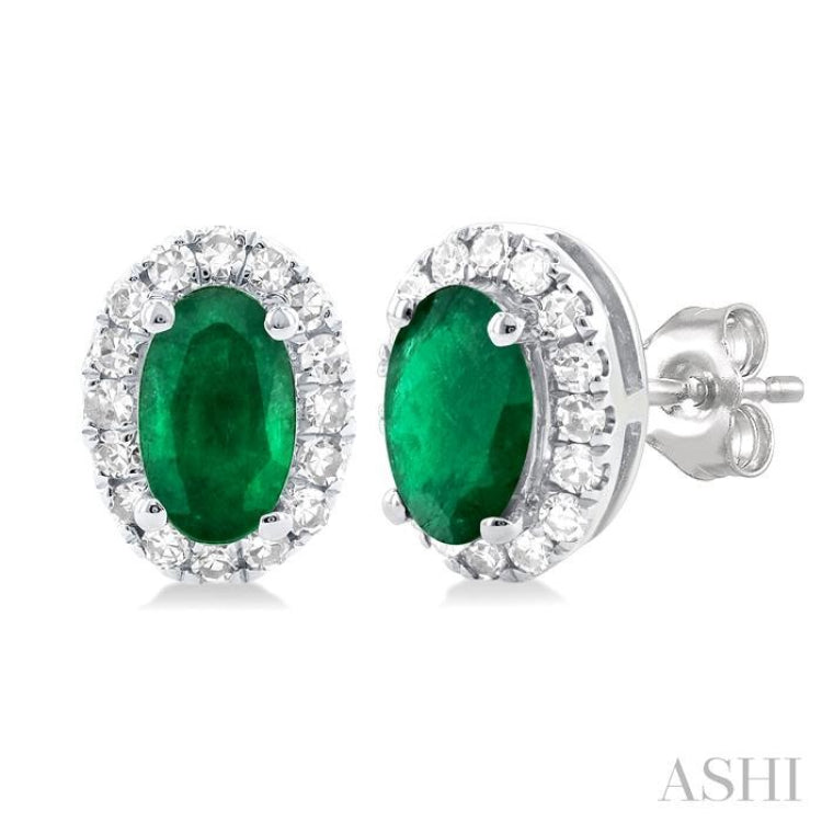 1/8 ctw Round Cut Diamond and 5X3MM Oval Shape Emerald Halo Precious Stud Earrings in 14K White Gold