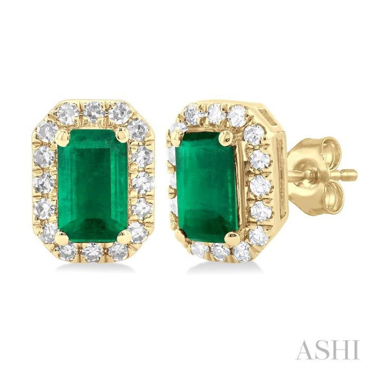 1/8 ctw Round Cut Diamond and 5X3MM Octagonal Shape Emerald Halo Precious Stud Earrings in 14K Yellow Gold