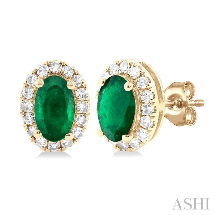 1/8 ctw Round Cut Diamond and 5X3MM Oval Shape Emerald Halo Precious Stud Earrings in 14K Yellow Gold