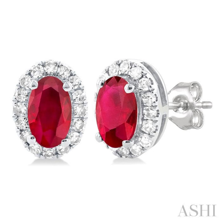 1/8 ctw Round Cut Diamond and 5X3MM Oval Shape Ruby Halo Precious Stud Earrings in 14K White Gold