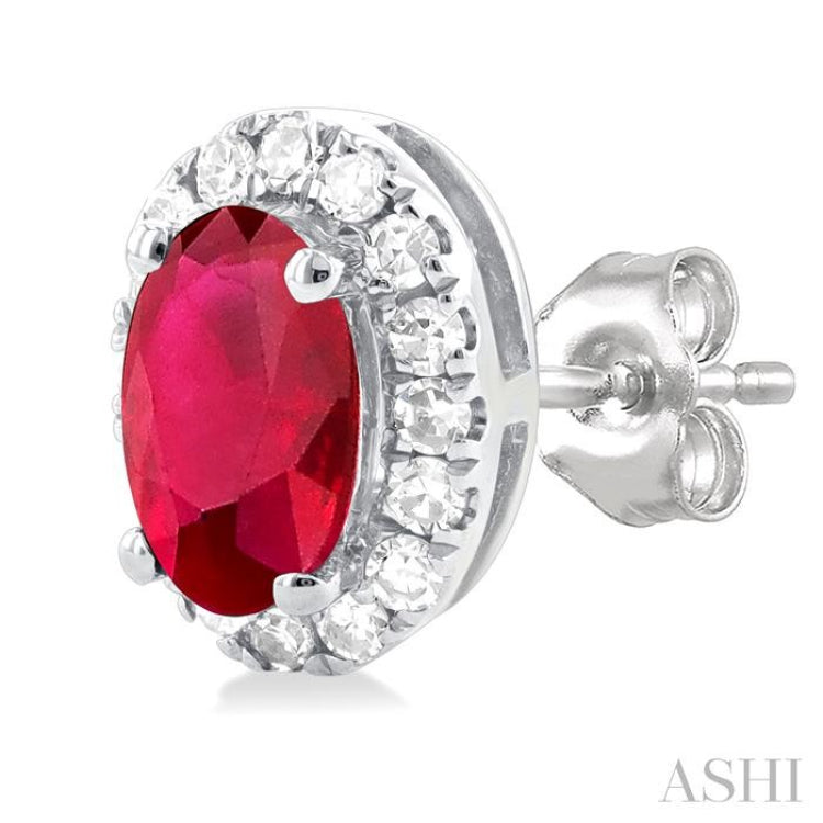 1/8 ctw Round Cut Diamond and 5X3MM Oval Shape Ruby Halo Precious Stud Earrings in 14K White Gold