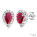 1/8 ctw Round Cut Diamond and 5X3MM Pear Cut Ruby Halo Precious Stud Earrings in 14K White Gold