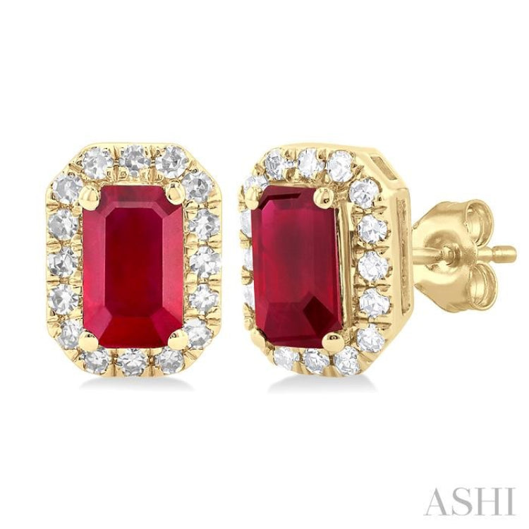 1/8 ctw Round Cut Diamond and 5X3MM Octagonal Shape Ruby Halo Precious Stud Earrings in 14K Yellow Gold