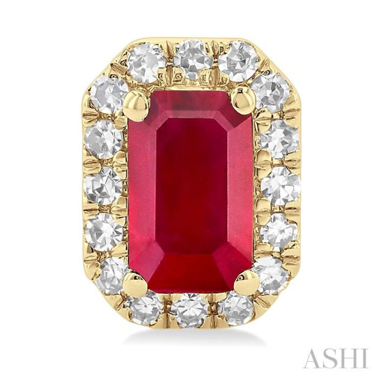 1/8 ctw Round Cut Diamond and 5X3MM Octagonal Shape Ruby Halo Precious Stud Earrings in 14K Yellow Gold