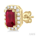 1/8 ctw Round Cut Diamond and 5X3MM Octagonal Shape Ruby Halo Precious Stud Earrings in 14K Yellow Gold