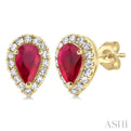 1/8 ctw Round Cut Diamond and 5X3MM Pear Cut Ruby Halo Precious Stud Earrings in 14K Yellow Gold