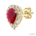 1/8 ctw Round Cut Diamond and 5X3MM Pear Cut Ruby Halo Precious Stud Earrings in 14K Yellow Gold