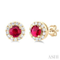 1/10 ctw Round Cut Diamond and 3.25MM Round Cut Ruby Halo Precious Stud Earrings in 14K Yellow Gold