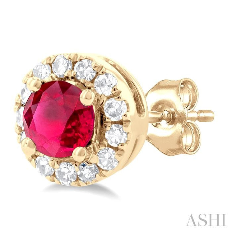 1/10 ctw Round Cut Diamond and 3.25MM Round Cut Ruby Halo Precious Stud Earrings in 14K Yellow Gold