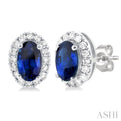 1/8 ctw Round Cut Diamond and 5X3MM Oval Shape Sapphire Halo Precious Stud Earrings in 14K White Gold