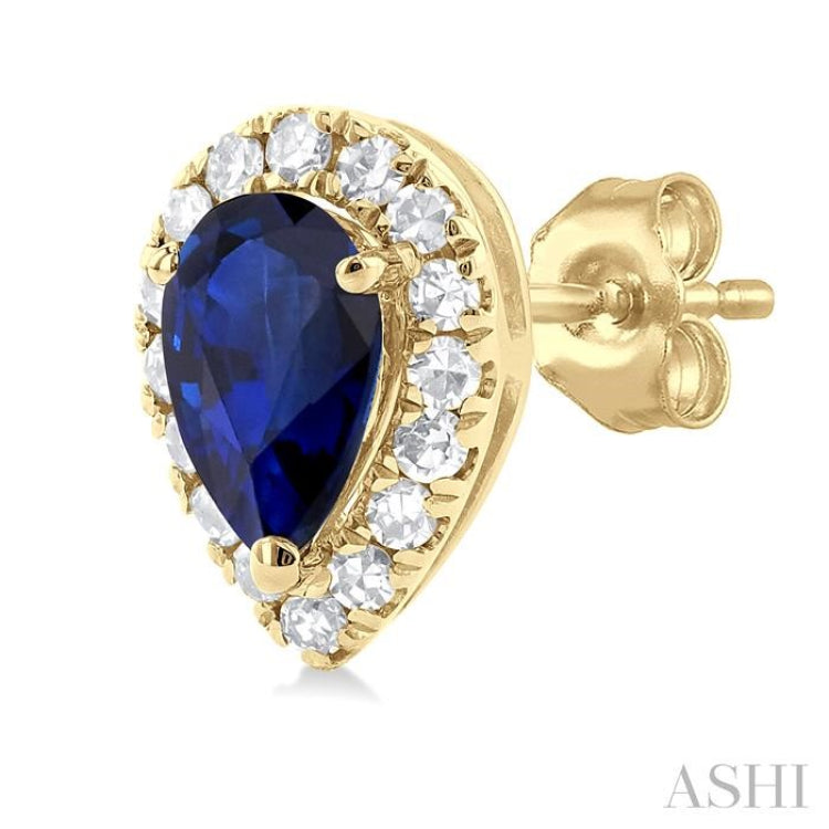 1/8 ctw Round Cut Diamond and 5X3MM Pear Cut Sapphire Halo Precious Stud Earrings in 14K Yellow Gold