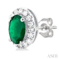 1/8 ctw Round Cut Diamond and 5X3MM Oval Shape Emerald Halo Precious Stud Earrings in 10K White Gold