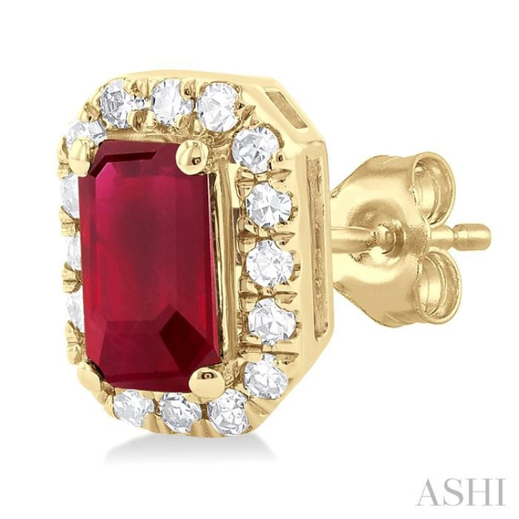 1/8 ctw Round Cut Diamond and 5X3MM Octagonal Shape Ruby Halo Precious Stud Earrings in 10K Yellow Gold