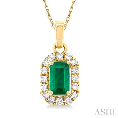 1/20 ctw Round Cut Diamond and 5X3MM Octagonal Shape Emerald Halo Precious Pendant with Chain in 14K Yellow Gold