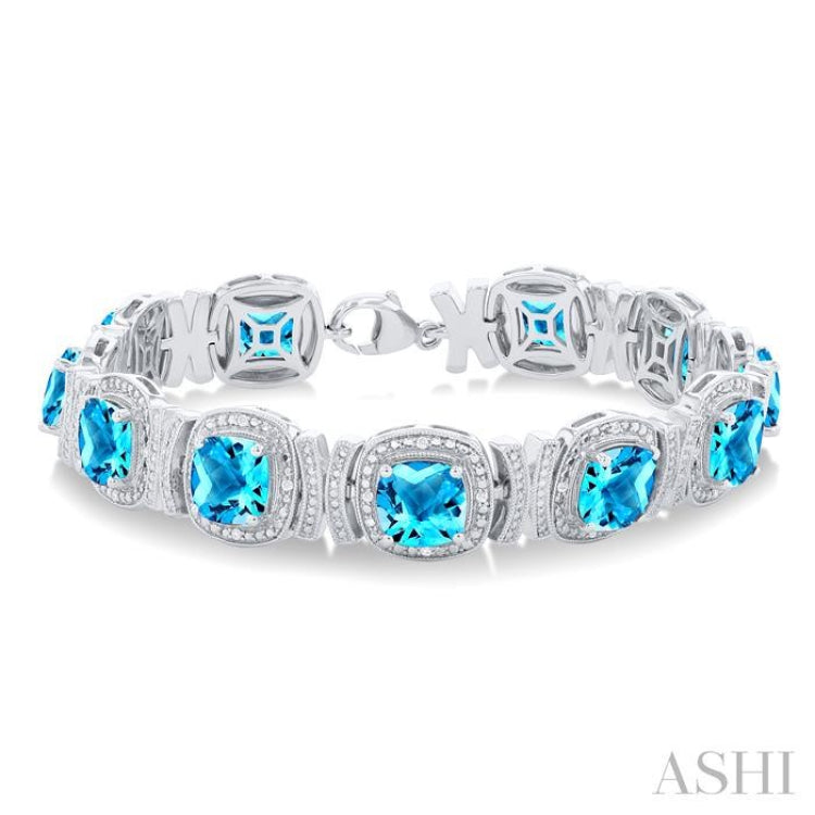 1/10 ctw Cushion Cut 7X7 MM Blue Topaz and Round Cut Diamond Semi Precious Bracelet in Sterling Silver