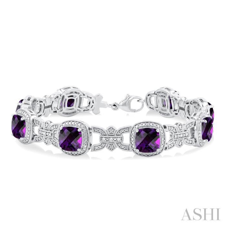 1/10 ctw Cushion Cut 7X7 MM Amethyst and Round Cut Diamond Semi Precious Bracelet in Sterling Silver