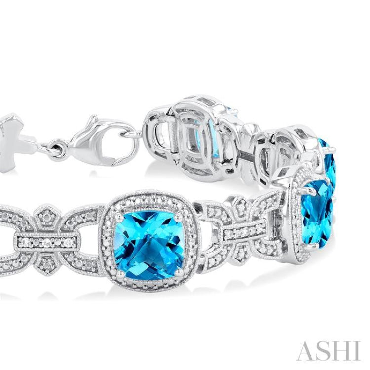 1/10 ctw Cushion Cut 7X7 MM Blue Topaz and Round Cut Diamond Semi Precious Bracelet in Sterling Silver