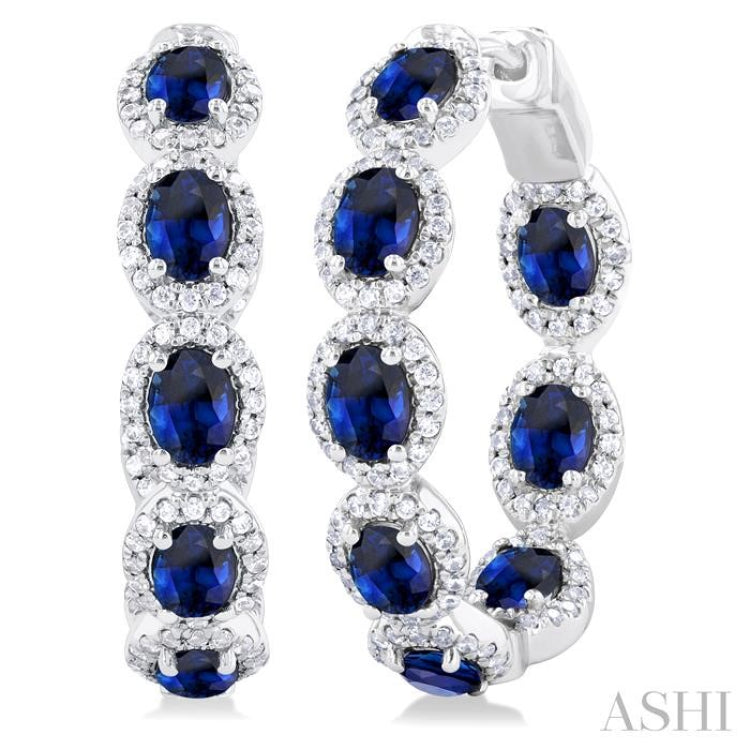 3/4 ctw Interior & Exterior 4X3 MM Oval Cut Sapphire and Round Cut Diamond Halo Precious Hoop Earring in 14K White Gold