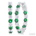 5/8 Ctw Interior & Exterior 2.4 MM Emerald and Round Cut Diamond Precious Hoop Earring in 14K White Gold