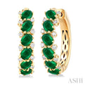 1/4 Ctw Oval Cut 4X3 MM Emerald and Round Cut Diamond Precious Hoop Earring in 14K Yellow Gold