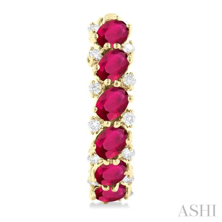 1/4 Ctw Oval Cut 4X3 MM Ruby and Round Cut Diamond Precious Hoop Earring in 14K Yellow Gold