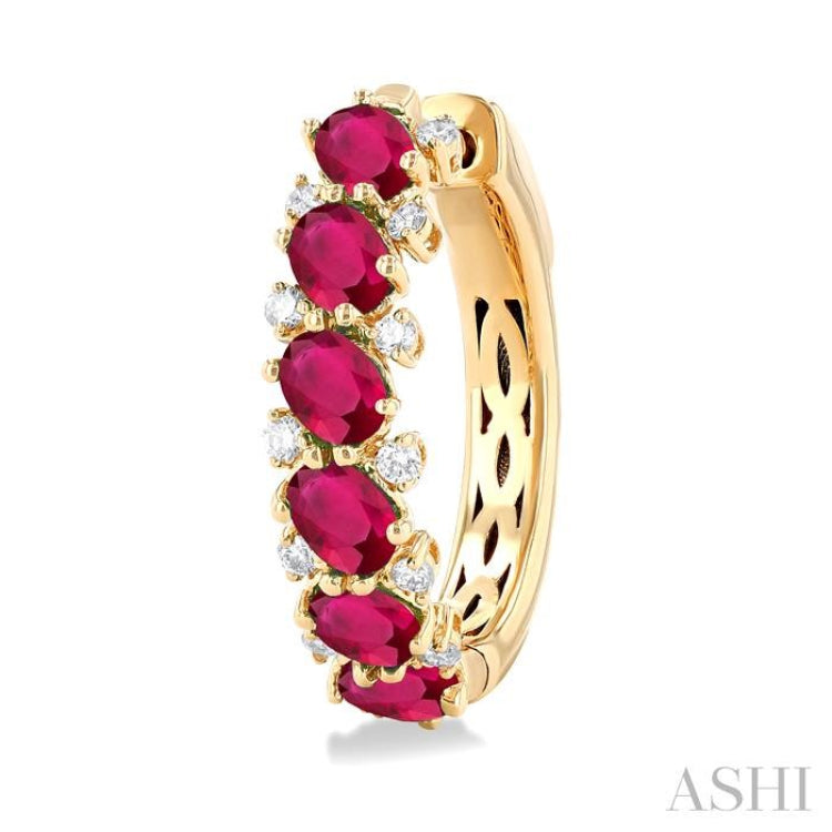 1/4 Ctw Oval Cut 4X3 MM Ruby and Round Cut Diamond Precious Hoop Earring in 14K Yellow Gold