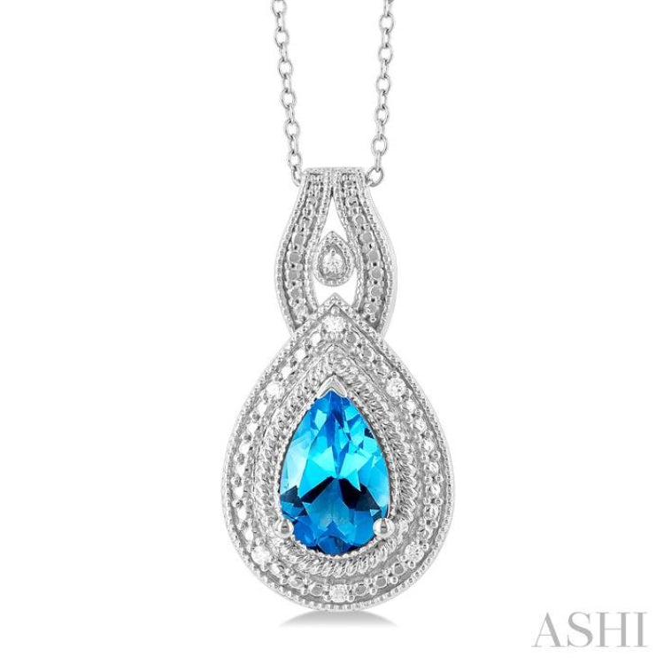 1/20 ctw Pear Cut 9X6 MM Blue Topaz and Round Cut Diamond Split Loop Semi Precious Pendant With Chain in Sterling Silver