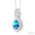 1/20 ctw Pear Cut 9X6 MM Blue Topaz and Round Cut Diamond Split Loop Semi Precious Pendant With Chain in Sterling Silver